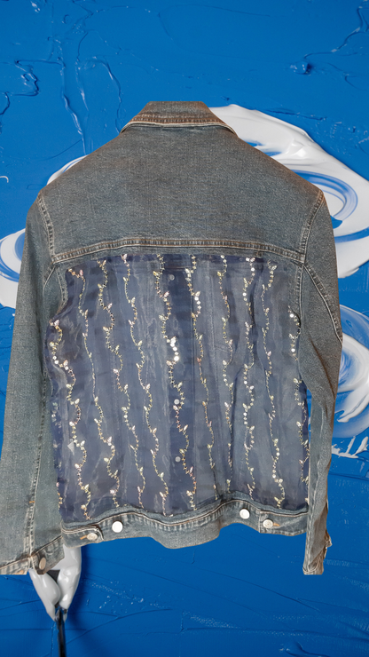 💙✨Ocean Whisper – Dark Blue Denim Jacket with Blue Net Panels & Coordinated Embroidery