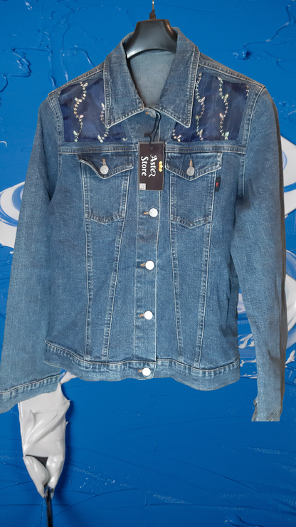 💙✨Ocean Whisper – Dark Blue Denim Jacket with Blue Net Panels & Coordinated Embroidery