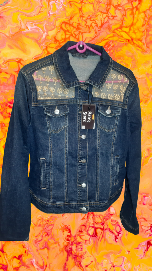 🌙Midnight Classic – Dark Blue Denim Jacket with Beige Thread Detailing