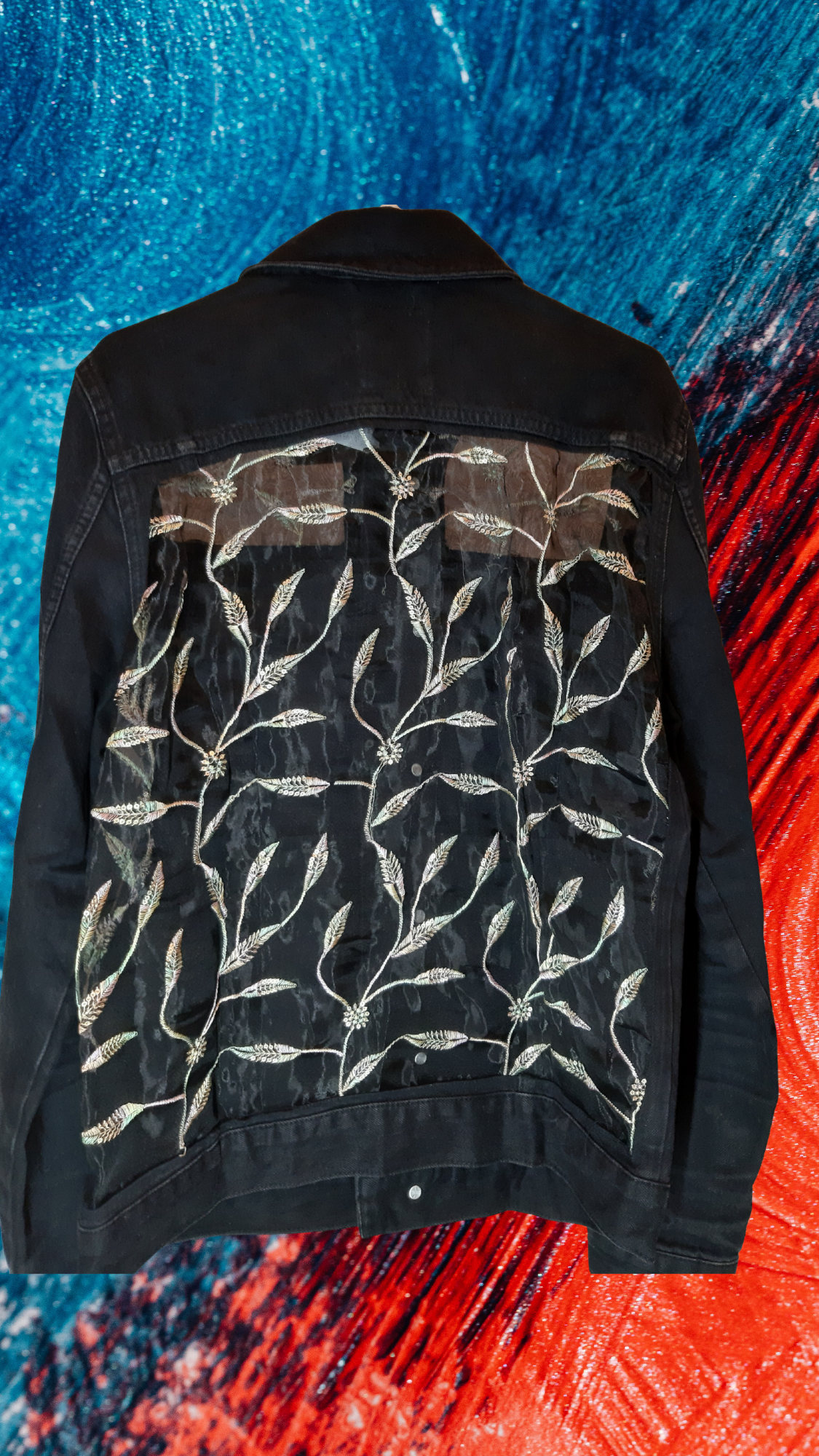 🖤Midnight Forest – Black Denim Jacket with Leaf Embroidery on Black Net Fabric