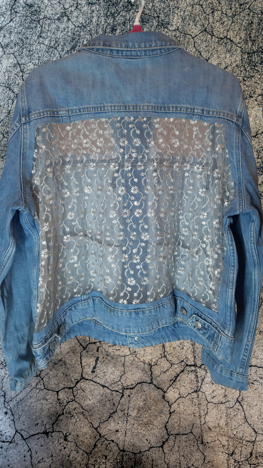💎Arctic Glow – Light Blue Denim Jacket with White Thread Detailing on Net Fabric