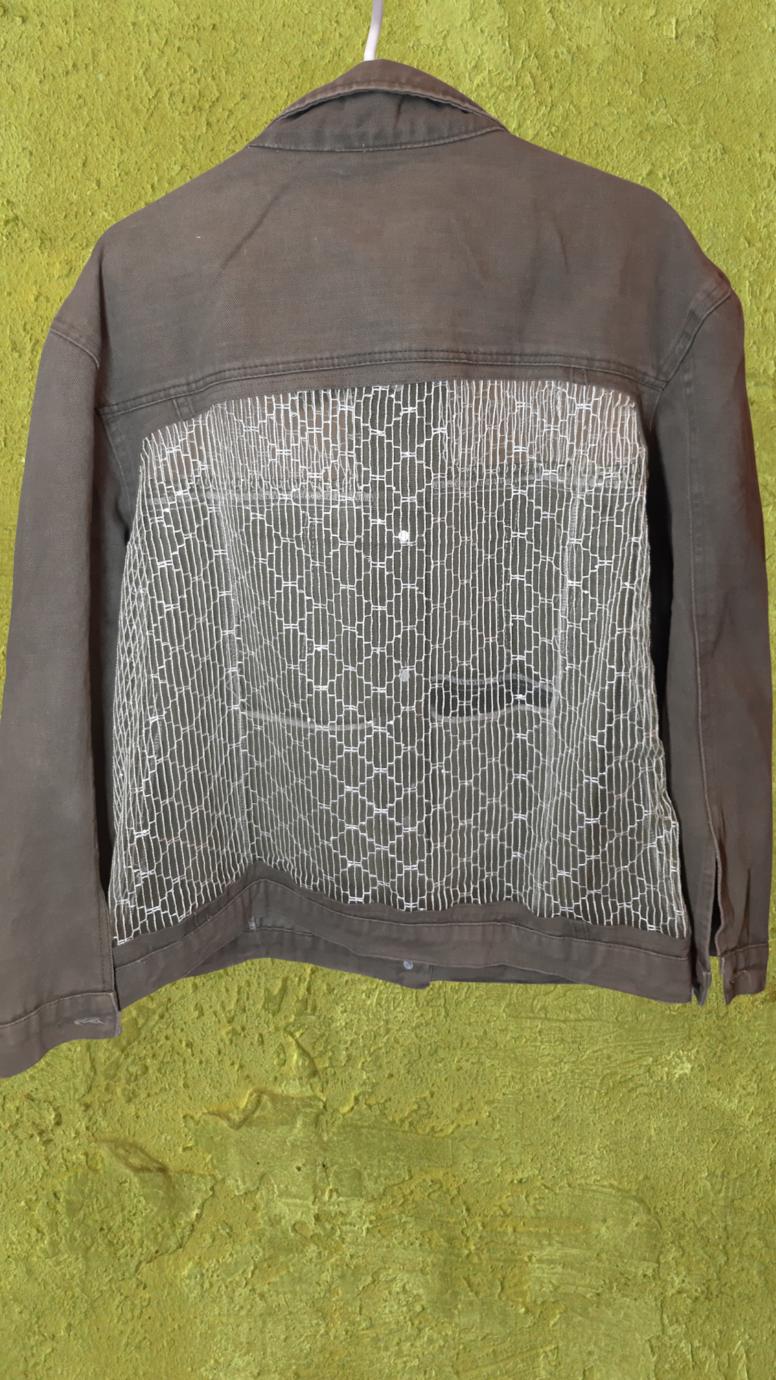 🌿💚 Olive Garden – Olive Green Denim Jacket with Green Net Embroidery