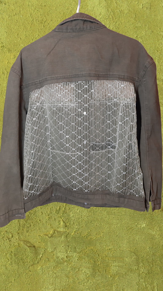 🌿💚 Olive Garden – Olive Green Denim Jacket with Green Net Embroidery