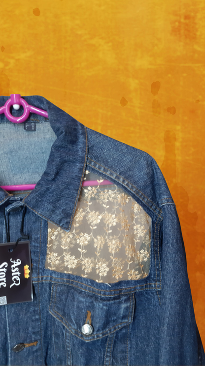 🌙Midnight Classic – Dark Blue Denim Jacket with Beige Thread Detailing