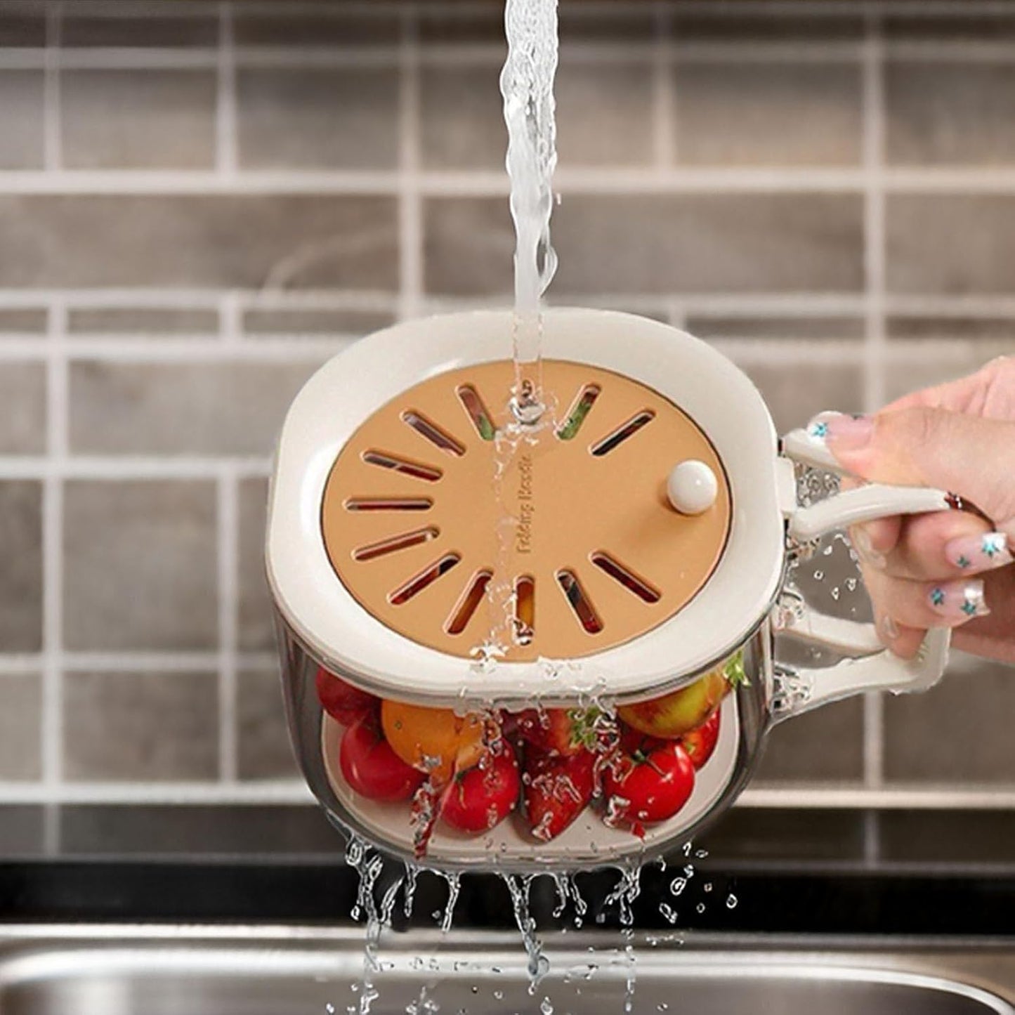 2‑in‑1 Multifunctional Handle Food & Fruit Draining Container – Portable, with Lid & Non‑Slip Grip