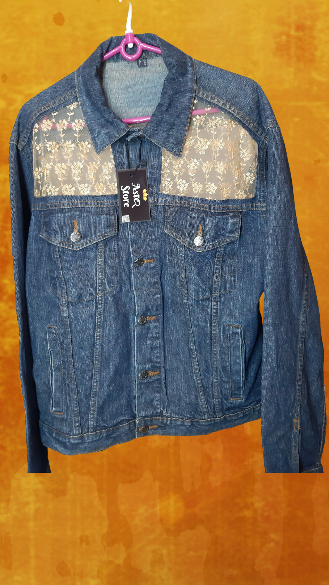 🌙Midnight Classic – Dark Blue Denim Jacket with Beige Thread Detailing