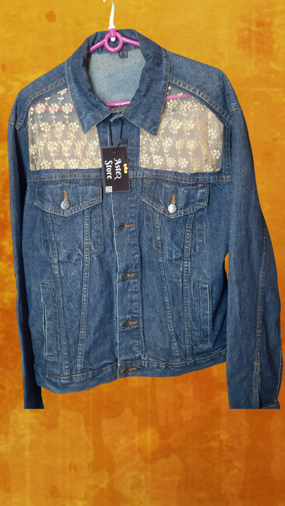 🌙Midnight Classic – Dark Blue Denim Jacket with Beige Thread Detailing