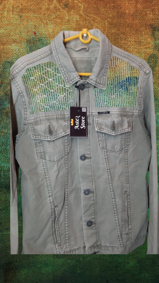 💚✨ Mint Eden – Light Green Denim Jacket with Green Net Embroidery