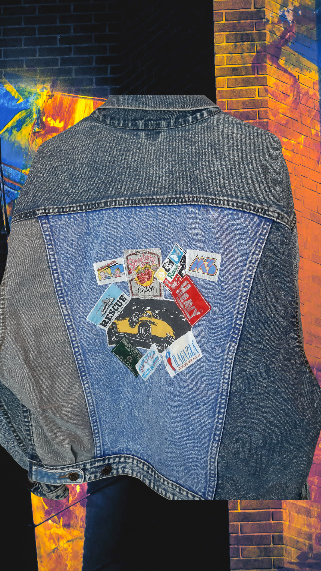 💙🎭 Urban Canvas – Denim Blue Jacket with Back Sticker Art