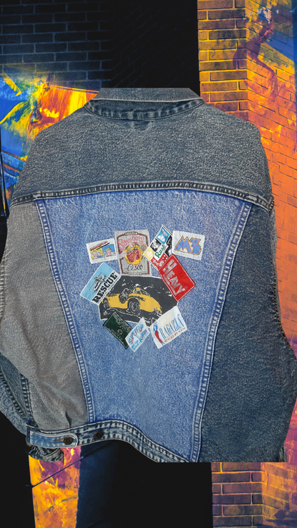💙🎭 Urban Canvas – Denim Blue Jacket with Back Sticker Art