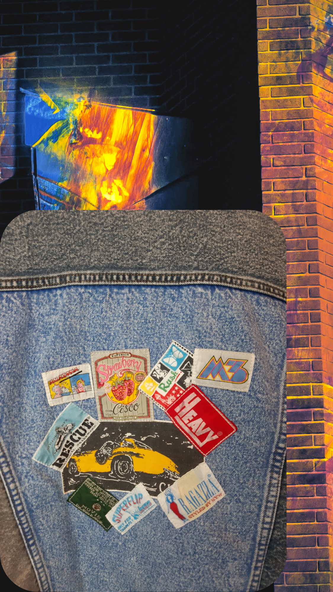 💙🎭 Urban Canvas – Denim Blue Jacket with Back Sticker Art