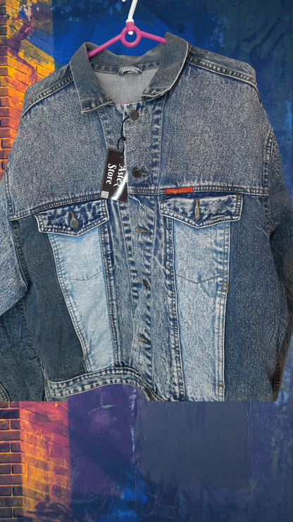 💙🎭 Urban Canvas – Denim Blue Jacket with Back Sticker Art