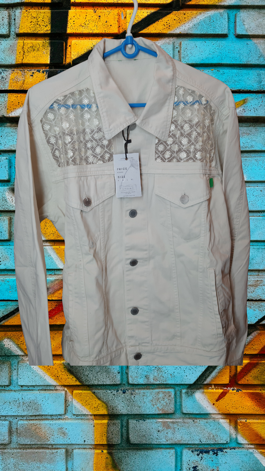 🤎Pure Essence – Beige Denim Jacket with White Thread Detailing