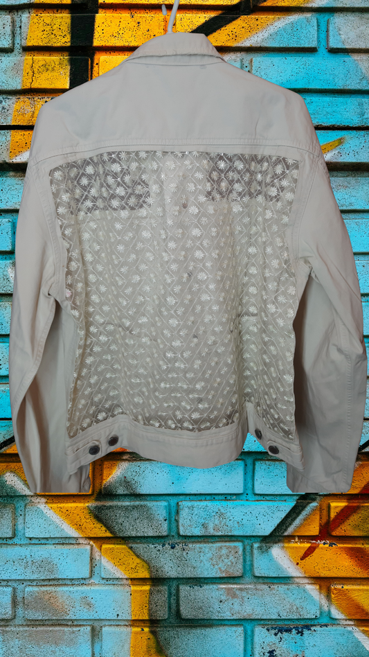 🤎Pure Essence – Beige Denim Jacket with White Thread Detailing