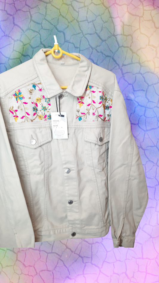 🤎Sand Whisper – Beige Denim Jacket with Beige Thread Embroidery