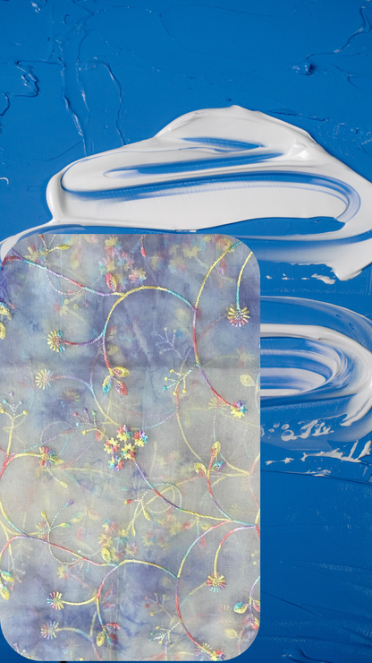 💠🌸Serene Bloom – Light Blue Denim Jacket with Colorful Floral & Leaf Embroidery on Net Fabric