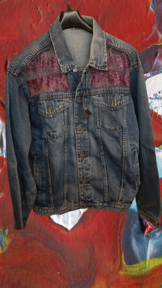 🌹💙Midnight Rose – Dark Blue Denim Jacket with Rose Pink Floral Embroidery on Net Fabric