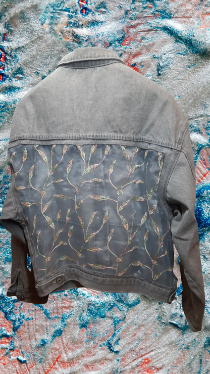 🌫️Silver Veil – Grey Denim Jacket with Leaf Embroidery on Net Fabric