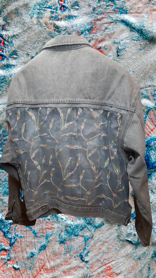 🌫️Silver Veil – Grey Denim Jacket with Leaf Embroidery on Net Fabric