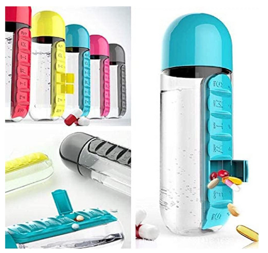 Pill Water Bottle, 2 in 1 Daily Pill Box Organizer with Water Bottle 600ml