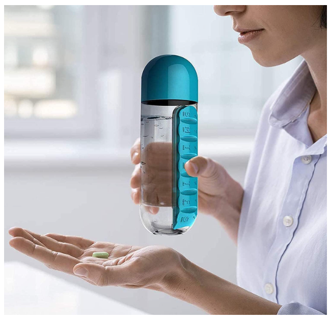 Pill Water Bottle, 2 in 1 Daily Pill Box Organizer with Water Bottle 600ml