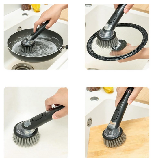 Dishwashing Brush with Soap Dispenser Kitchen Dishwashing Brush Black & Gray with Handle is Suitable for Tableware/Pans/Pots
