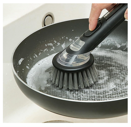 Dishwashing Brush with Soap Dispenser Kitchen Dishwashing Brush Black & Gray with Handle is Suitable for Tableware/Pans/Pots