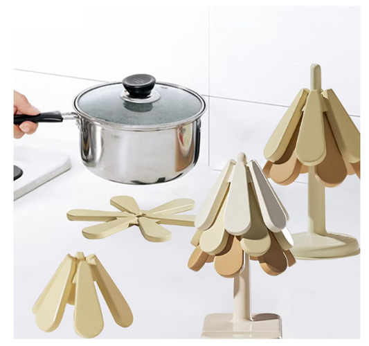 3X Folding Heat Insulation Pad Insulated Hot Pad for Pot Utensils Hot Dishes Round Base | 3 Silicone Trivet Mats 1 Stand
