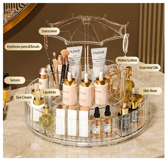 1pc Large Capacity Transparent Spinning Makeup Organizer with Umbrella Design - Perfect for Storing Lipstick and Skin Care Products in Your Bedroom or Dressing Table