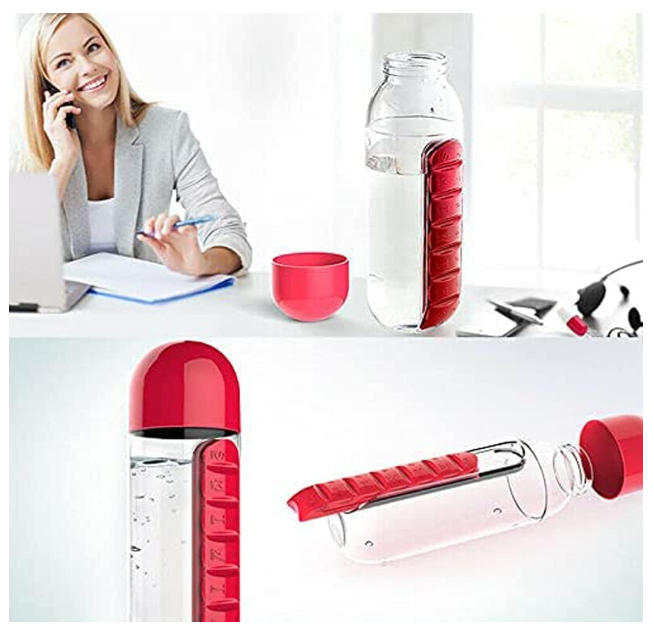 Pill Water Bottle, 2 in 1 Daily Pill Box Organizer with Water Bottle 600ml
