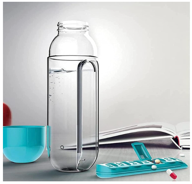 Pill Water Bottle, 2 in 1 Daily Pill Box Organizer with Water Bottle 600ml