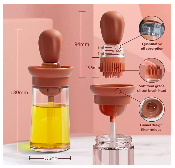 Glass Oil Dispenser with Brush, 2 in 1 Design, Dropper Measuring Bottle for Healthy Cooking Baking Pastry Grilling BBQ , 180ML