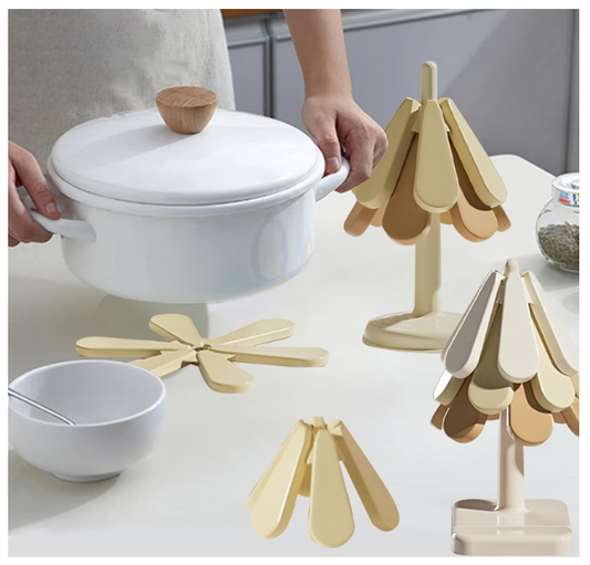 3X Folding Heat Insulation Pad Insulated Hot Pad for Pot Utensils Hot Dishes Round Base | 3 Silicone Trivet Mats 1 Stand