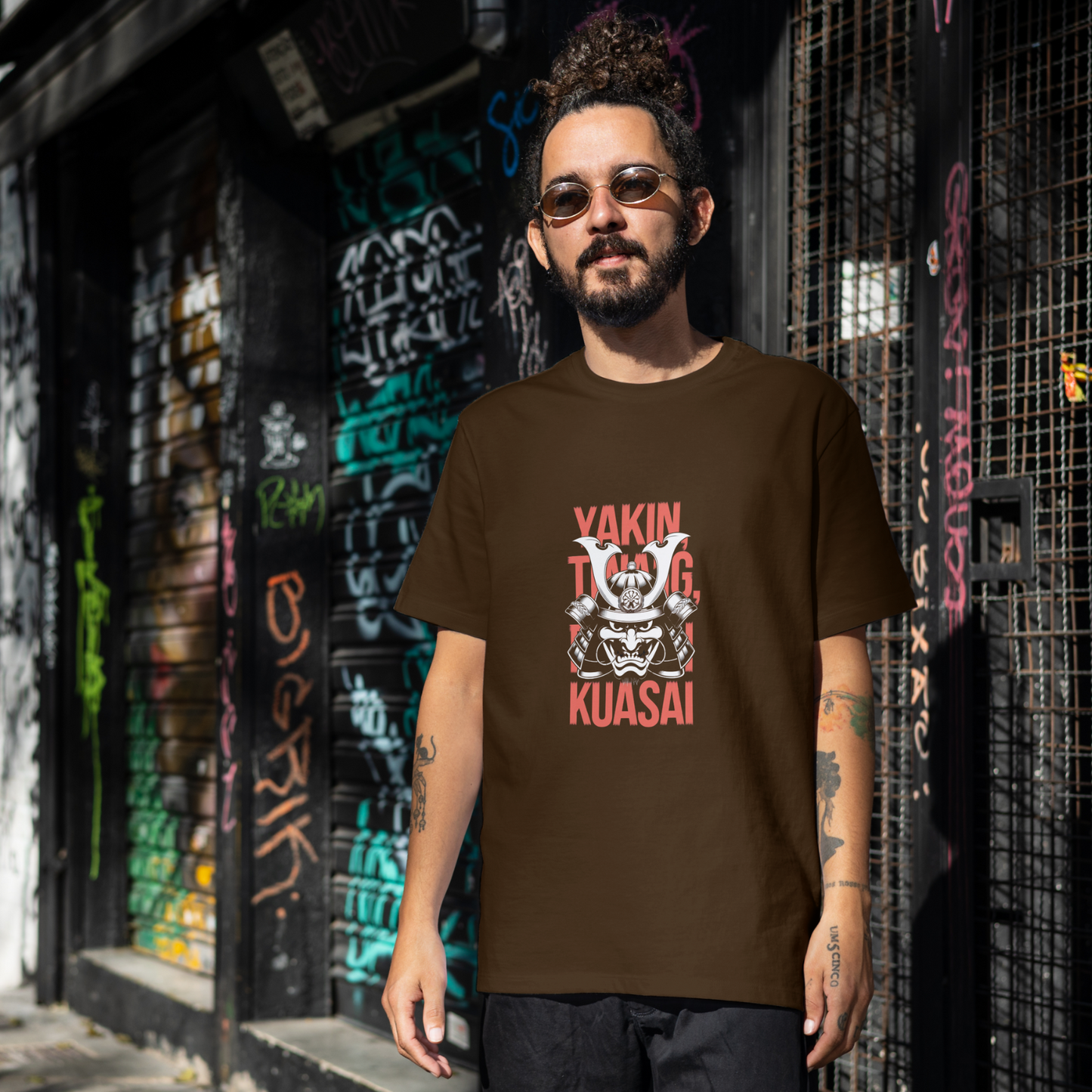 Samurai Mask Coffee Brown Printed T-Shirt