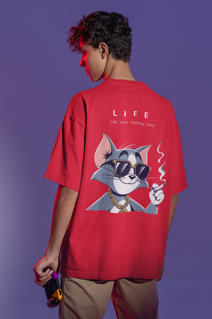 "Life Isn’t Easy" Dual-Sided Terry Oversized T-Shirt – Tom Cartoon & Bold Quote | ASTER STORE
