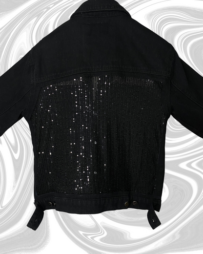 Midnight Glimmer – Black Sequin Panel Denim Jacket by ASTER STORE
