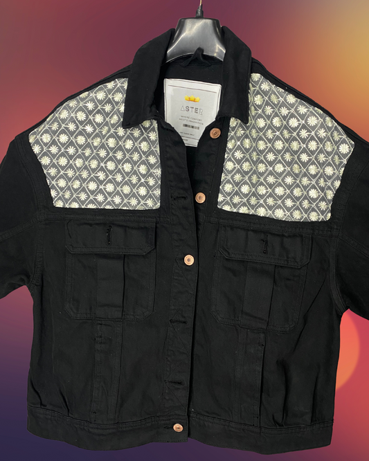 Starlit Noir – Black Denim Jacket with Sheer Embroidery Panels by ASTER STORE