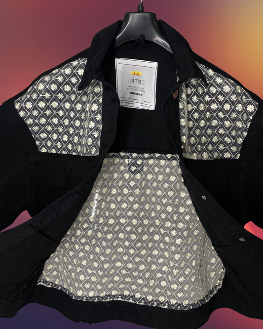 Starlit Noir – Black Denim Jacket with Sheer Embroidery Panels by ASTER STORE
