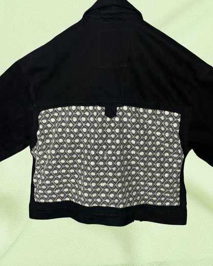 Starlit Noir – Black Denim Jacket with Sheer Embroidery Panels by ASTER STORE