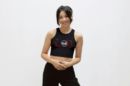 "Japanese Wave Art Printed Black Cotton Crop Top for Women - Aster Store"
