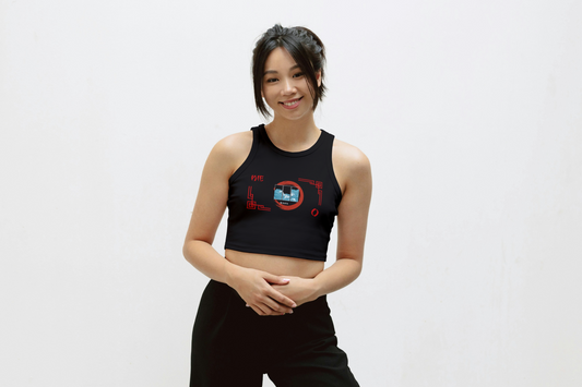 "Japanese Wave Art Printed Black Cotton Crop Top for Women - Aster Store"
