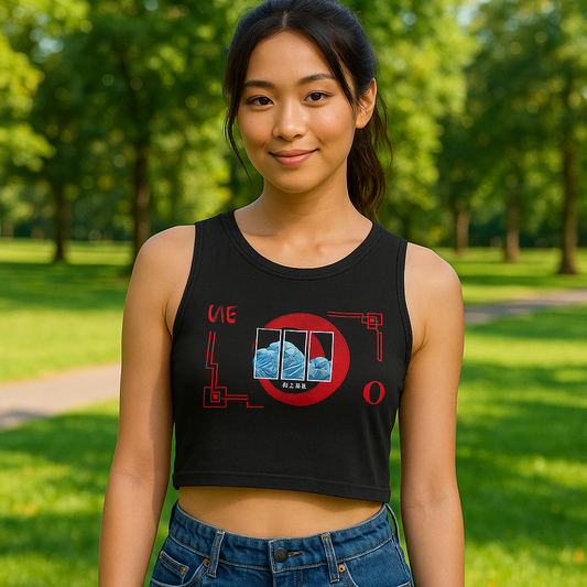 "Japanese Wave Art Printed Black Cotton Crop Top for Women - Aster Store"