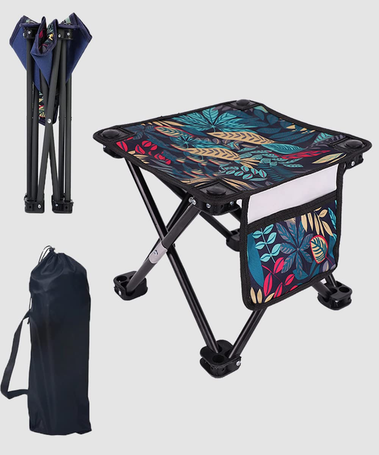 Portable Small Folding Stool For Camping (Leaves Blue, Basic)