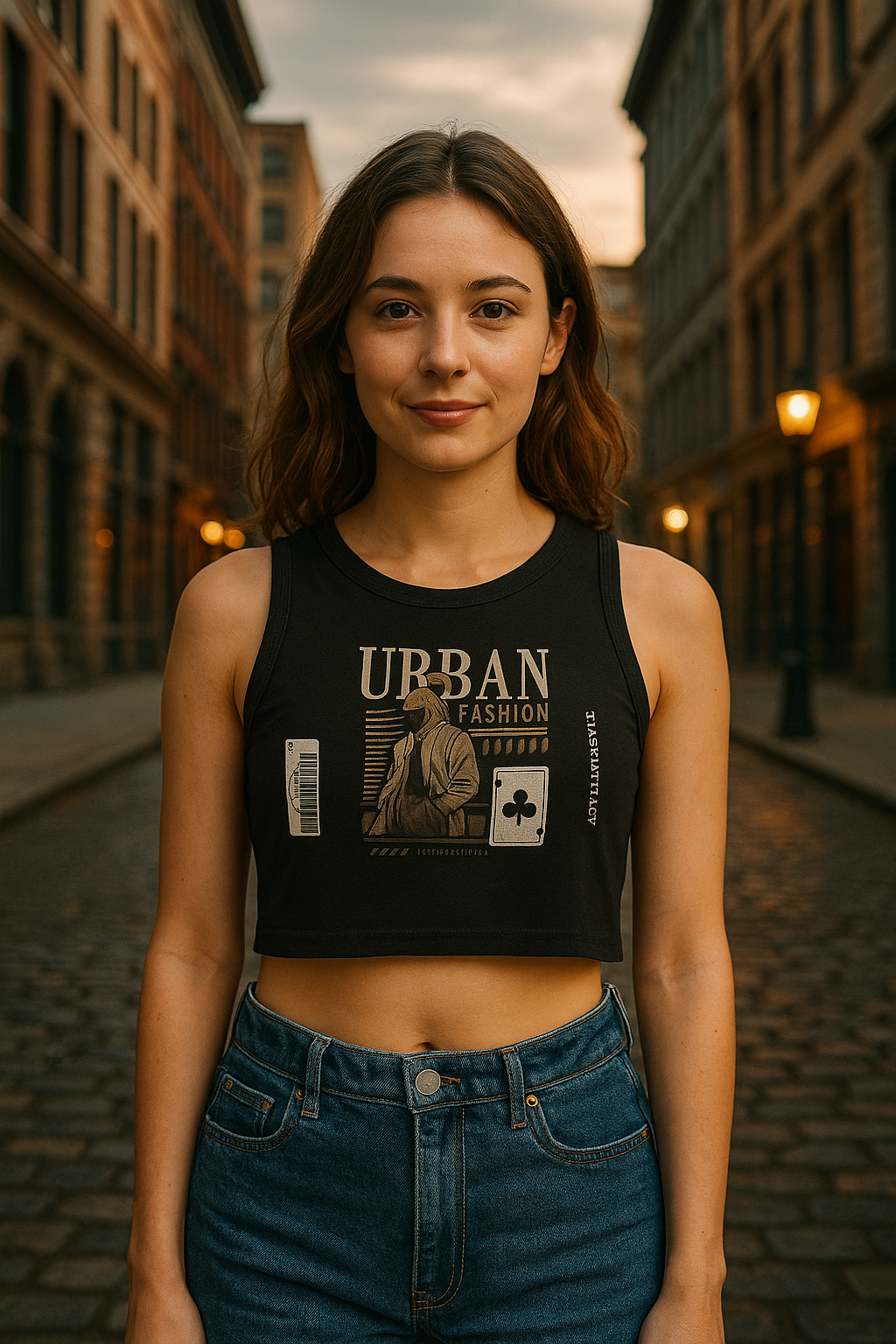 "URBAN FASHION" Sleeveless Black Graphic Crop Top for Women – ASTER STORE
