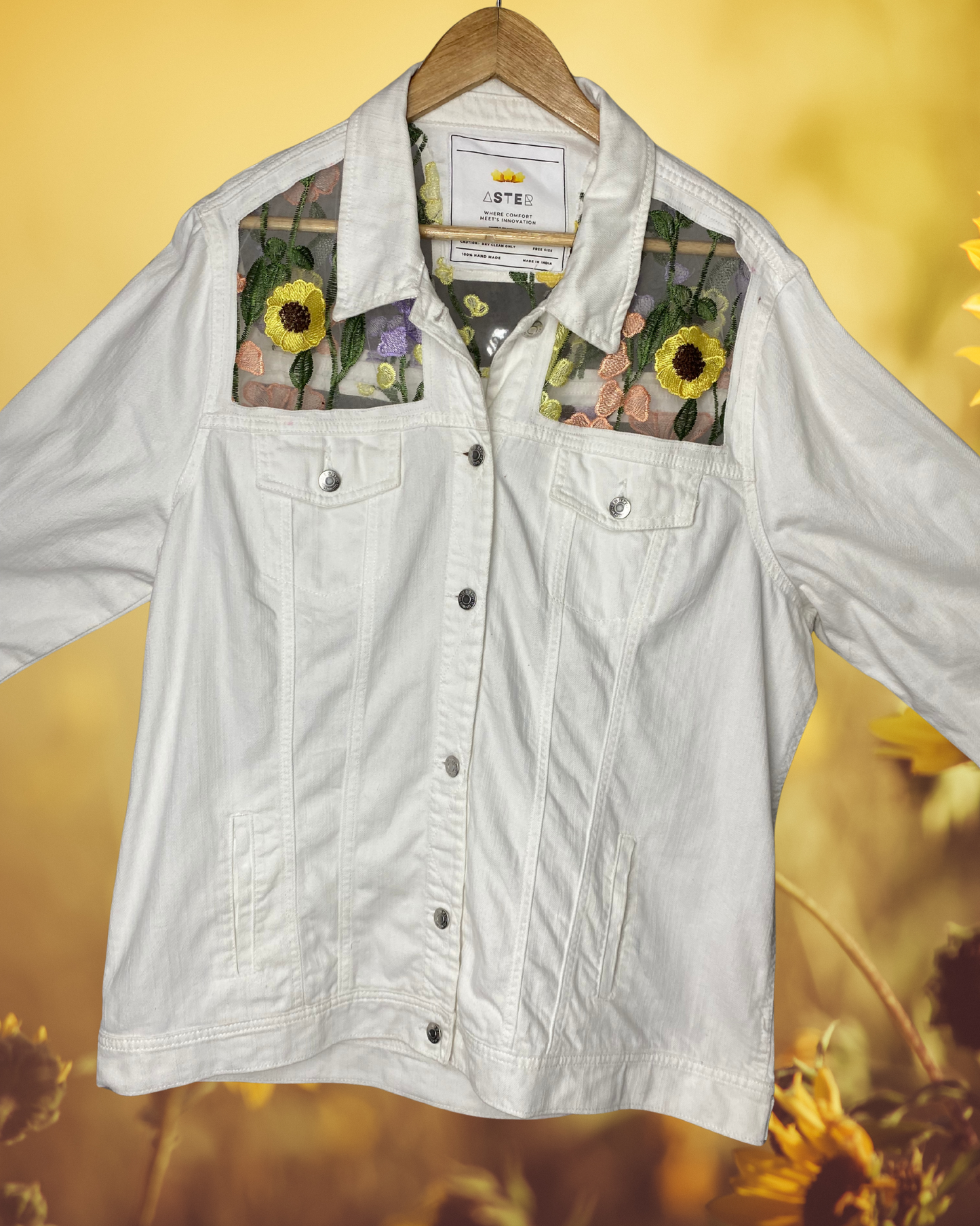 Bloom Luxe – White Floral Embroidered Sheer Panel Denim Jacket by ASTER STORE